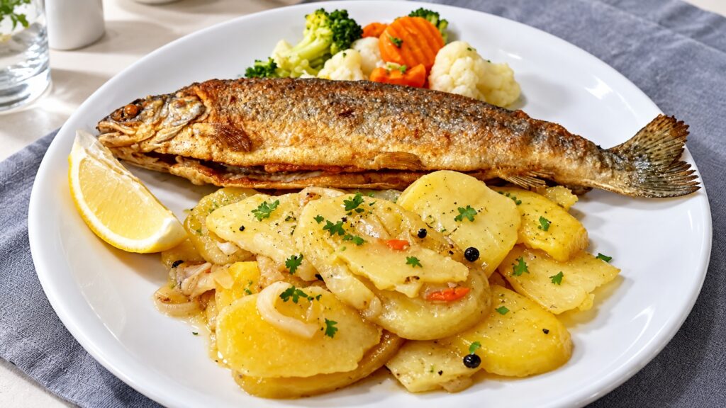 Речная форель с картофелем и овощами